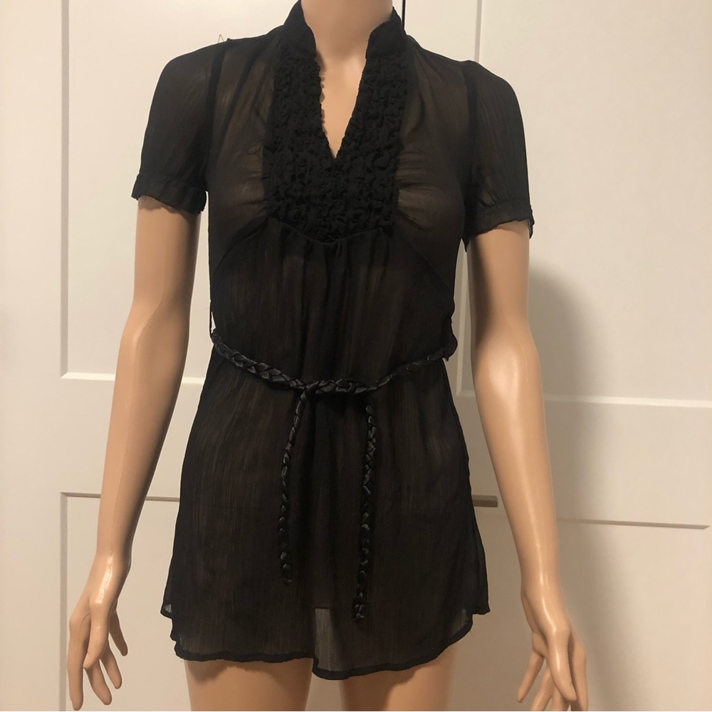 Max Rave Black Sheer Silk Poly Puffy Sleeves Ruffle Top Tunic XS